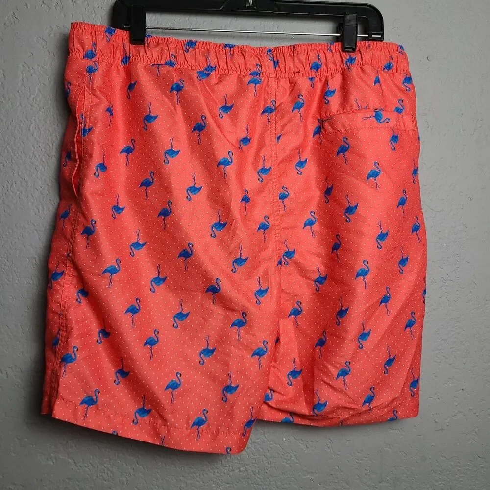 Surf Society Men's Tie Neon Orange Flamingo Lined Pockets Swimwear Short Sz XL